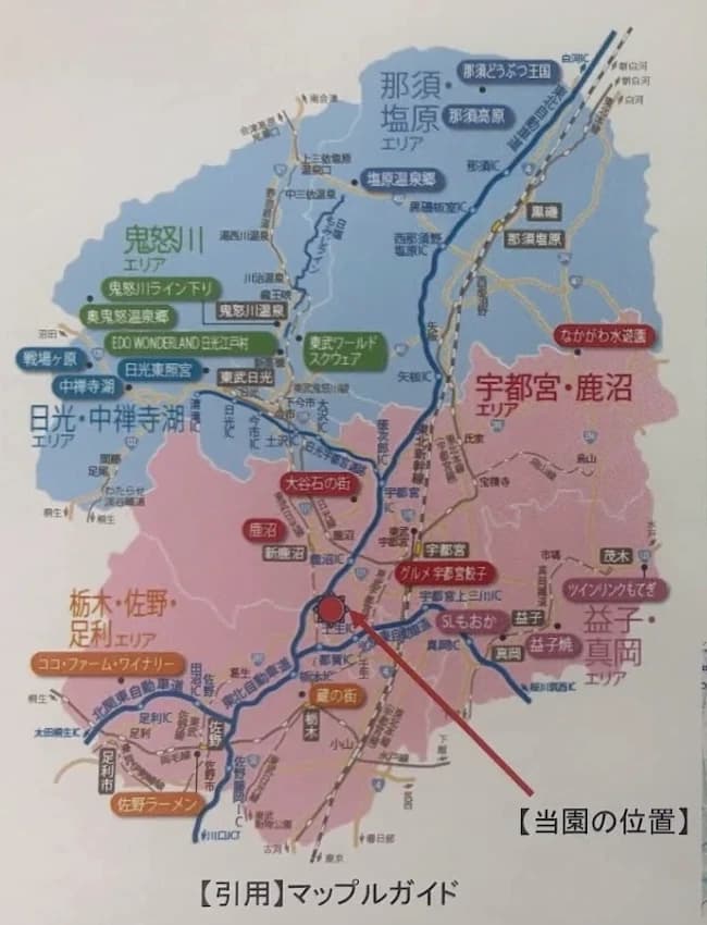 栃木県の地図。当園の位置を矢印と赤丸で示しています